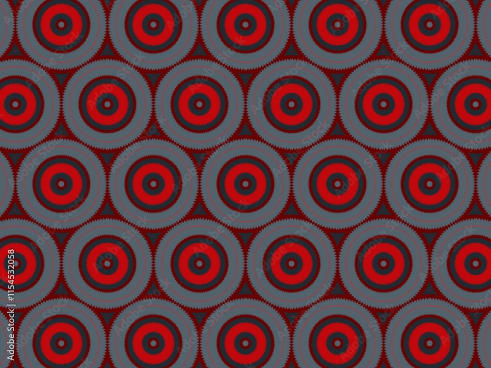 Seamless geometric pattern, red and gray concentric circles, repeating texture, modern and stylish design.