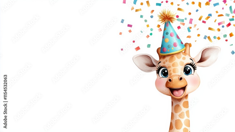 Fototapeta premium Joyful Giraffe Celebrating Birthday Party with Confetti and Hat