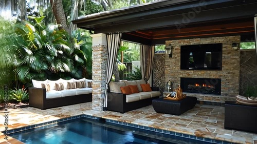 Wallpaper Mural This outdoor area features comfortable seating arrangements, a modern fireplace, and a refreshing pool surrounded by vibrant tropical plants. Perfect for relaxation Torontodigital.ca