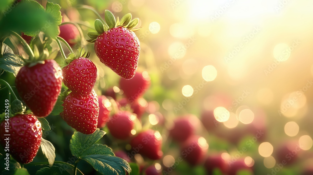 Sunlit Strawberry Field with Vibrant Ripe Fruits