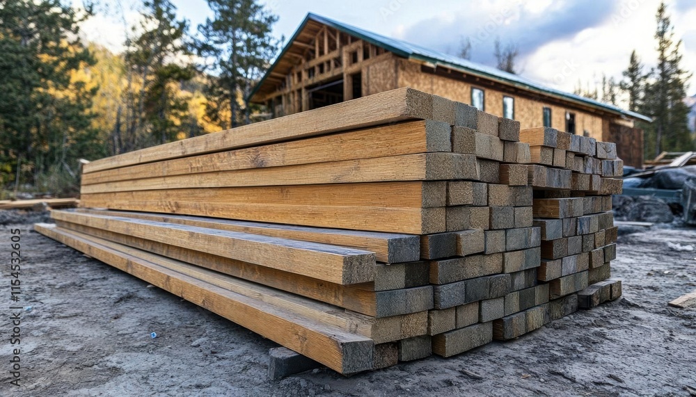 Stacked Wooden Beams Near Construction Site in Nature Setting Stacked Wooden Beams Near Construction Site in Nature Setting