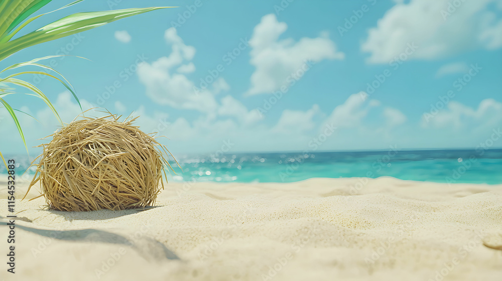Tranquil Beach Scene with Straw Ball on Sand and Turquoise Water Under Bright Blue Sky Tranquil Beach Scene with Straw Ball on Sand and Turquoise Water Under Bright Blue Sky