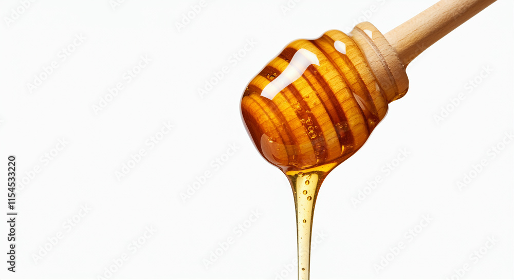 Honey dripping from a wooden honey dipper with a clear honey jar Honey dripping from a wooden honey dipper with a clear honey jar