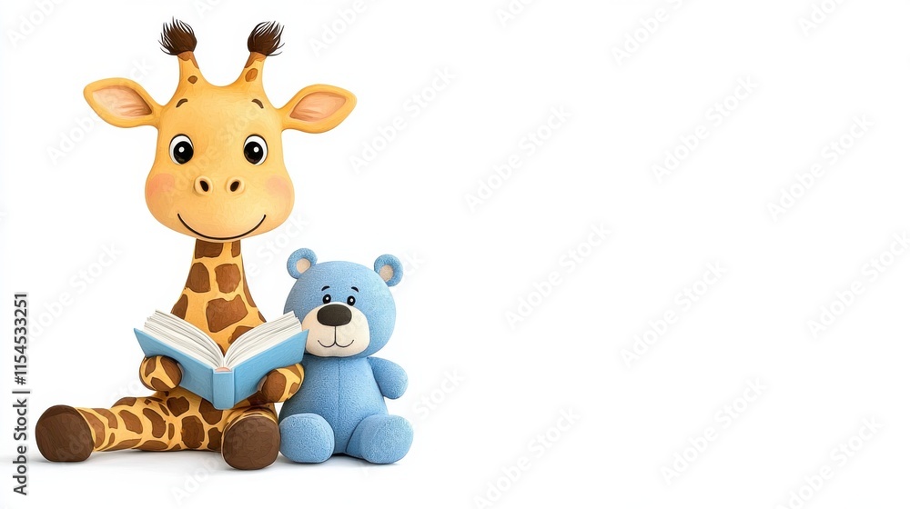 Obraz premium Adorable Giraffe and Teddy Bear Plush Toys Cuddling in Cozy Setting for Nursery or Children s Room Decor