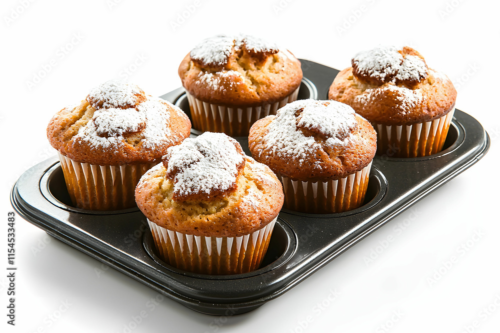 Freshly Baked Vanilla Muffins with Powdered Sugar on Top in a Black Muffin Tray Freshly Baked Vanilla Muffins with Powdered Sugar on Top in a Black Muffin Tray