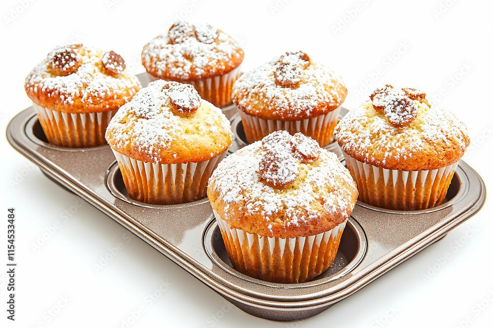 Freshly Baked Muffins with Powdered Sugar and Raisins in a Metal Muffin Pan Freshly Baked Muffins with Powdered Sugar and Raisins in a Metal Muffin Pan