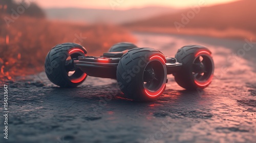 Futuristic electric off-road vehicle at sunset.
