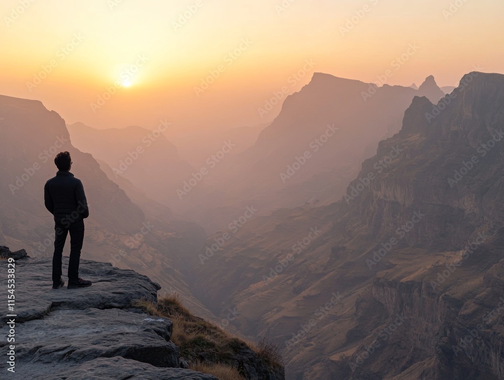 Person Standing on Cliff at Sunset Person Standing on Cliff at Sunset