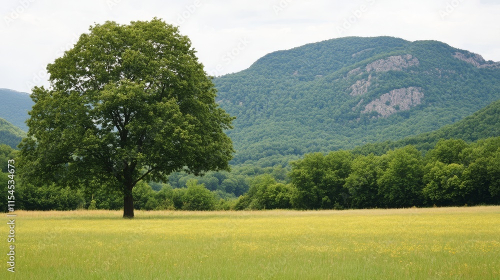 Serene Lone Tree in a Peaceful Field with Hills Serene Lone Tree in a Peaceful Field with Hills