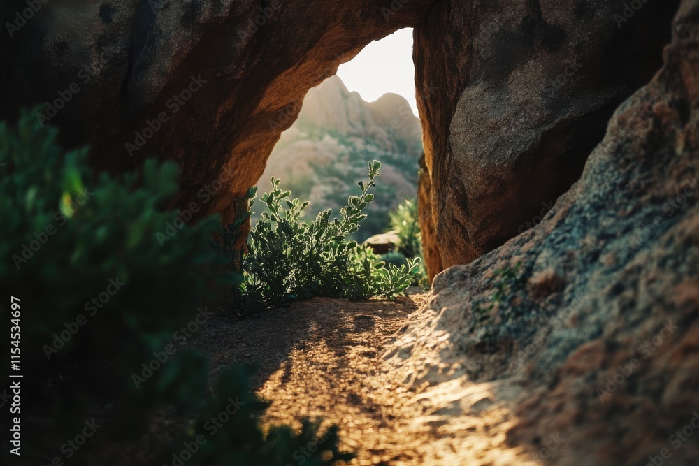 Symmetrical framing of rock formations with desert plants, twilight shadows, southwestern style Symmetrical framing of rock formations with desert plants, twilight shadows, southwestern style