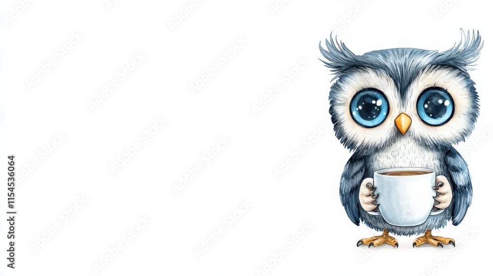 Fototapeta premium Cute Cartoon Owl Holding a Hot Drink in Winter Scene with Snow