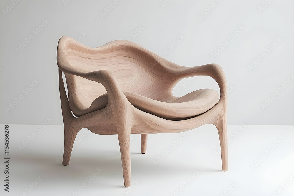 Elegant organic design of a wooden chair featuring smooth curves and modern aesthetics in a minimalist setting