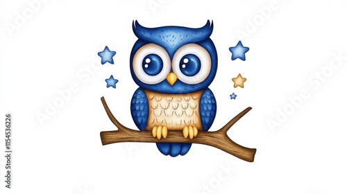 Cute Cartoon Owl Sitting on Tree Branch under Starry Night Sky photo