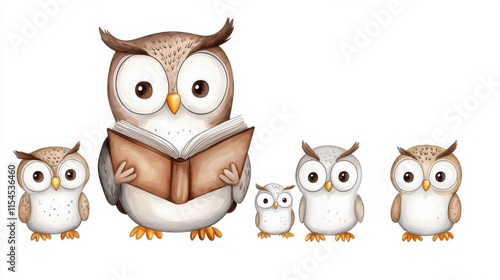 Cute Cartoon Owls Reading Books and Perched in Birdcage with Woodland Background photo