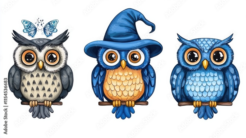 Cartoon Owls with Magical Hats and Vibrant Colors in Whimsical Forest Scene Cartoon Owls with Magical Hats and Vibrant Colors in Whimsical Forest Scene