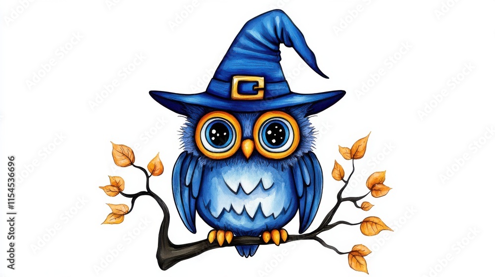 Obraz premium Cute Magical Blue Owl Wearing Witch Hat Perched on Autumn Leaves Branch