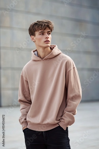 Young Man Wearing Casual Hoodie in Urban Setting with Soft Colors