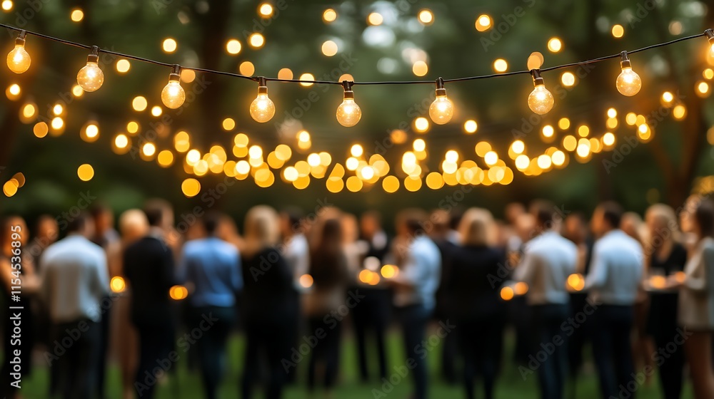 Illuminated outdoor party with blurred people. Illuminated outdoor party with blurred people.