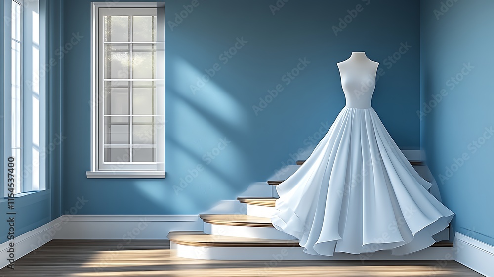 White wedding dress on stairs in blue room. White wedding dress on stairs in blue room.