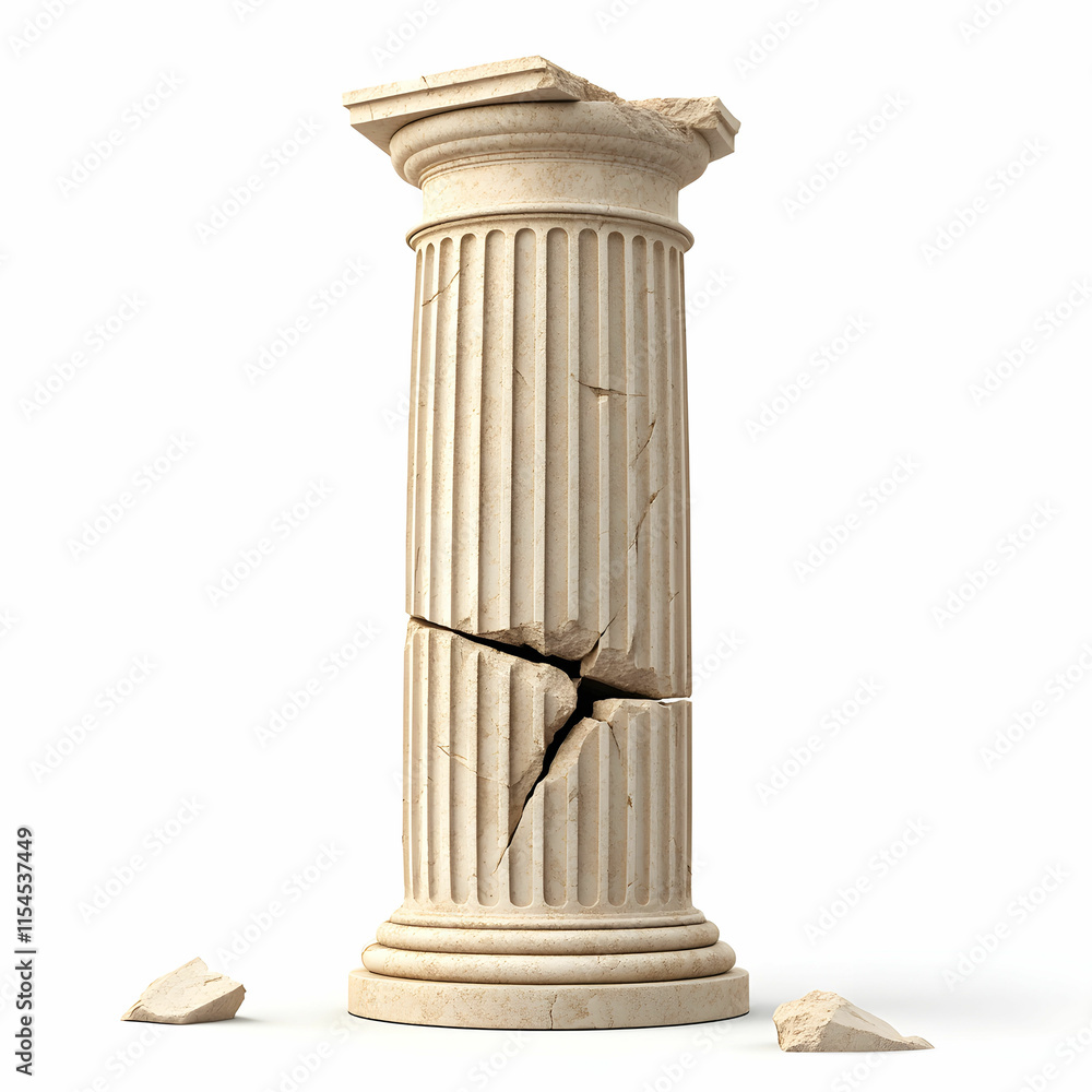 Broken Ancient Column with Cracks and Debris on White Background Representing Ruin and Historical Architecture Broken Ancient Column with Cracks and Debris on White Background Representing Ruin and Historical Architecture
