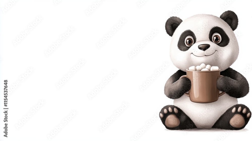 Naklejka premium Cute Panda Plush Toy Holding a Hot Drink on a White Background