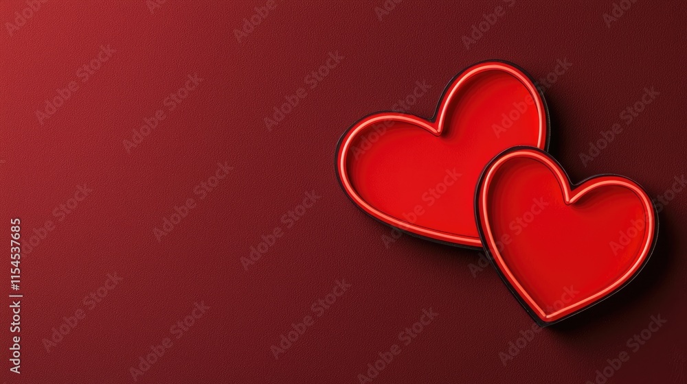 Two red heart shapes on a deep red background, symbolizing love and affection. Two red heart shapes on a deep red background, symbolizing love and affection.