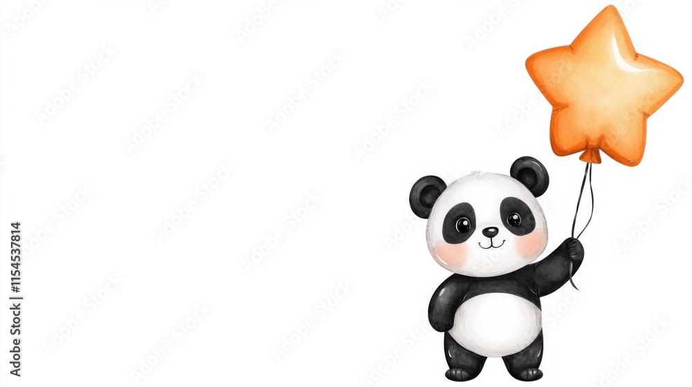 Naklejka premium Cute Panda Plush Toy with Festive Star Balloon Floating Against White Background
