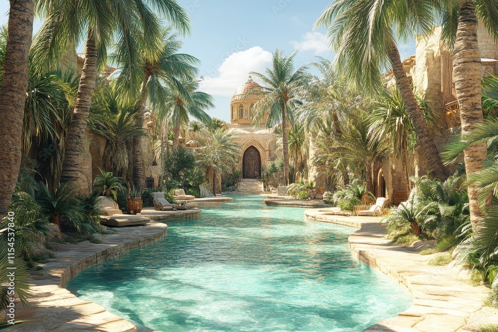 Fototapeta premium Serene tropical oasis with a sparkling pool surrounded by lush palm trees.