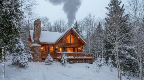 Cozy Log Cabin in Winter Wonderland with Smoke Rising from Chimney photo