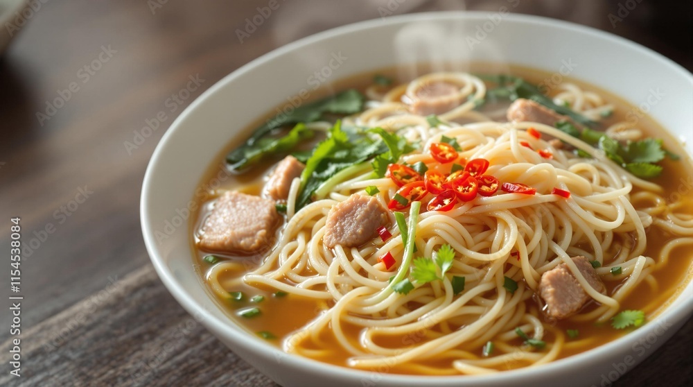 Spicy Pork Noodle Soup Close-up Spicy Pork Noodle Soup Close-up