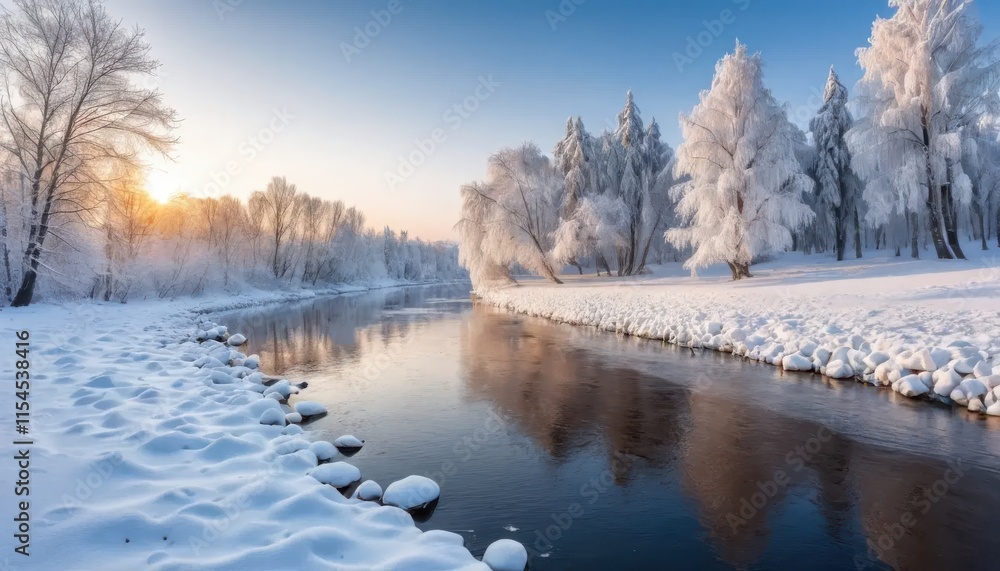 Frosted Winter Trees Reflecting on a River Frosted Winter Trees Reflecting on a River