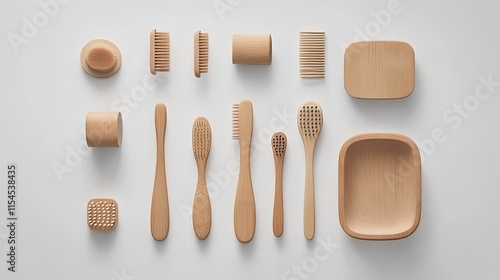 A flat lay image shows an assortment of wooden toiletry items on a white background.  photo