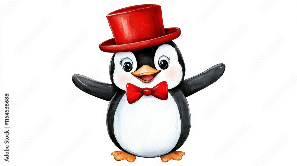 Fototapeta premium Cheerful Penguin in Red Hat and Bow Tie Cartoon