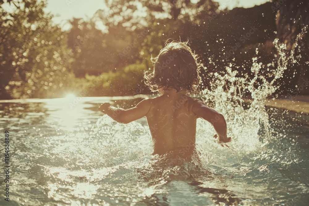 Child jumping into a pool, mid-splash capture. Child jumping into a pool, mid-splash capture.