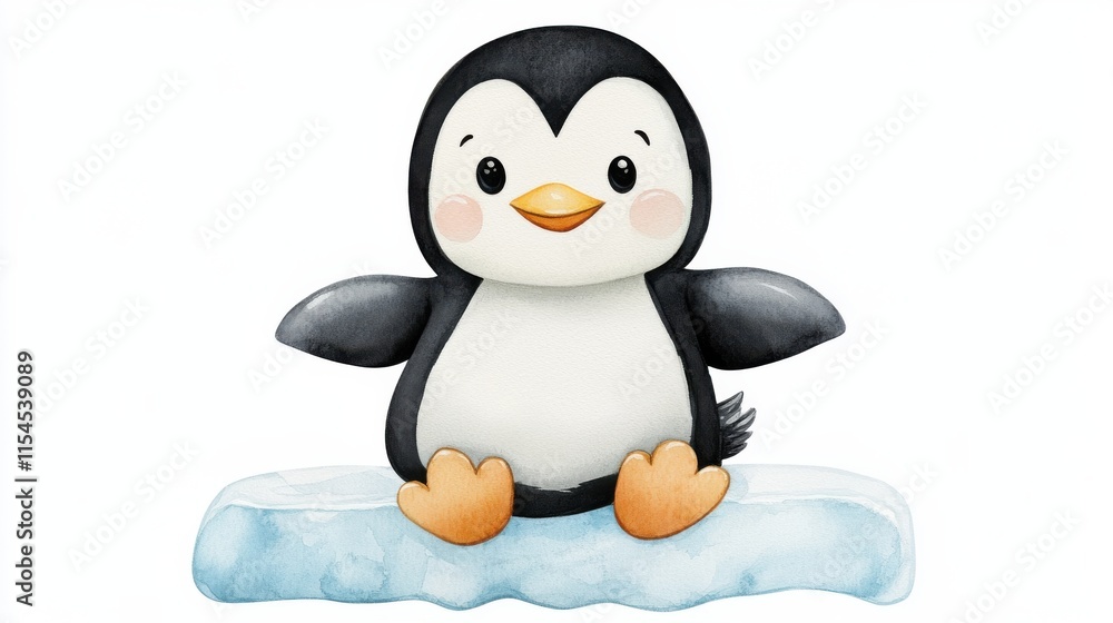 Fototapeta premium Cute Cartoon Penguin Sitting on Ice Floe in Snowy Arctic Winter Landscape