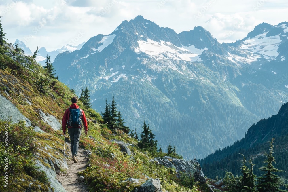 Man hiking on a mountain trail, admiring the view. Man hiking on a mountain trail, admiring the view.