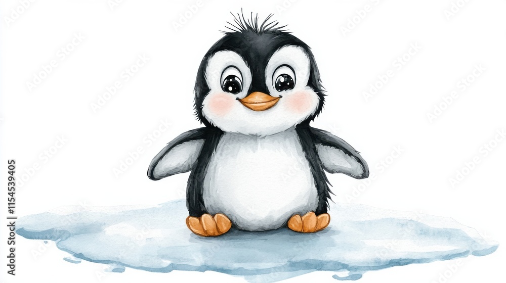 Naklejka premium Cute Cartoon Penguin Chick on Snowy Icy Background