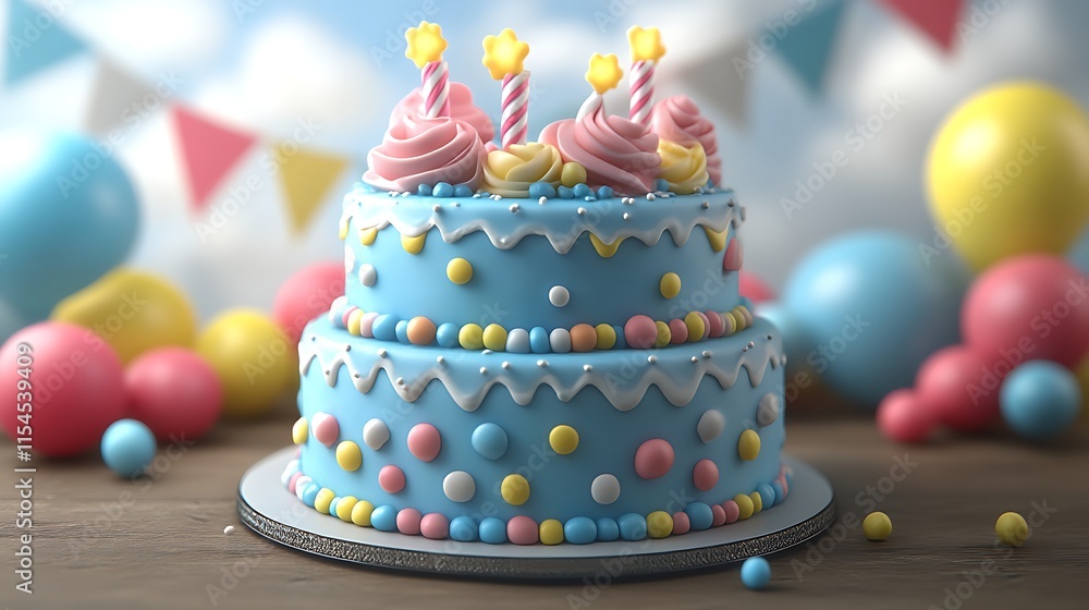 Two-tiered birthday cake with candles and balloons. Two-tiered birthday cake with candles and balloons.
