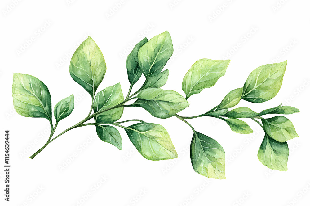 Fototapeta premium Watercolor illustration of a green branch with fresh leaves isolated on a white background for nature and botanical designs