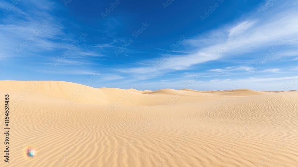 Vast Golden Sand Dunes Under Bright Blue Sky With Wispy Clouds Vast Golden Sand Dunes Under Bright Blue Sky With Wispy Clouds