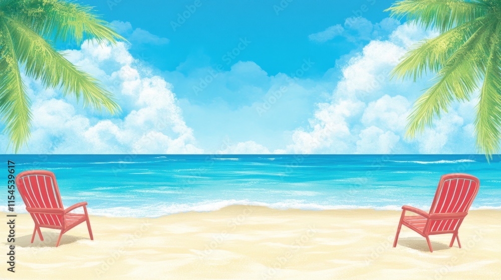 Serene Beach Scene with Red Chairs under Palm Trees and Clear Blue Sky Serene Beach Scene with Red Chairs under Palm Trees and Clear Blue Sky
