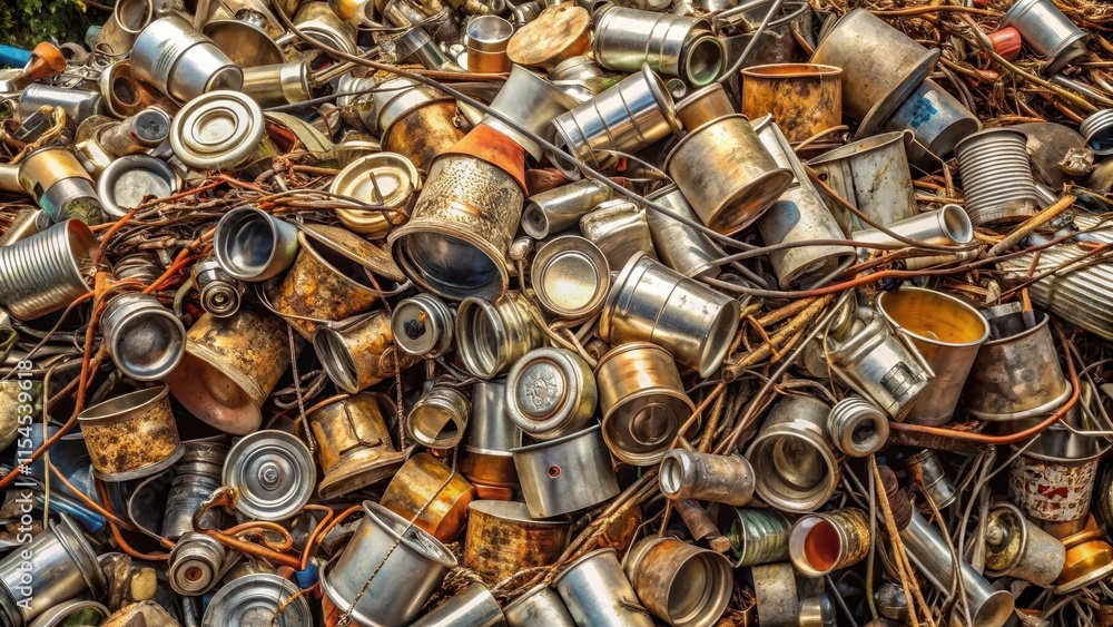 Metal scrap heap with scattered metal cans and wires, scrap metal Metal scrap heap with scattered metal cans and wires, scrap metal