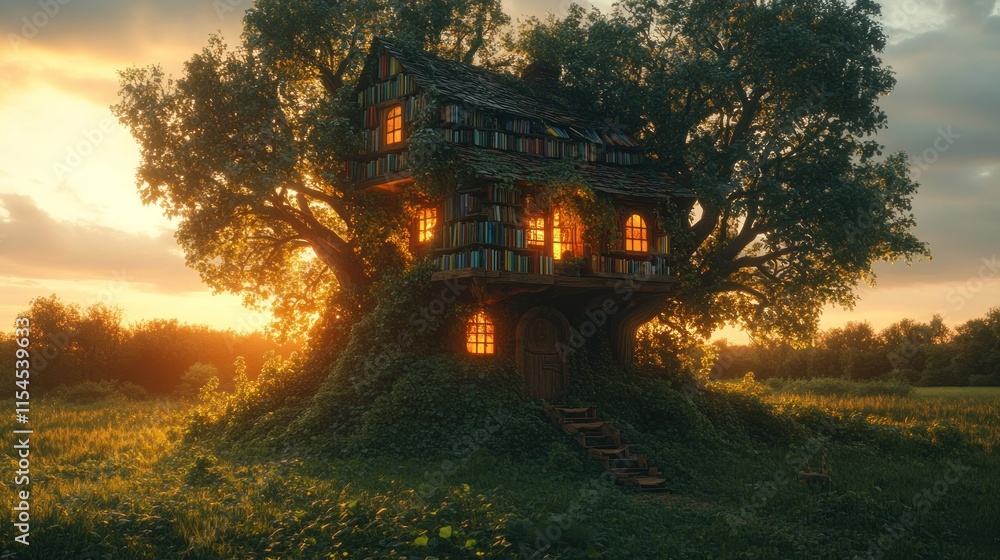 Fototapeta premium A whimsical treehouse with glowing windows nestled in a lush landscape at sunset.