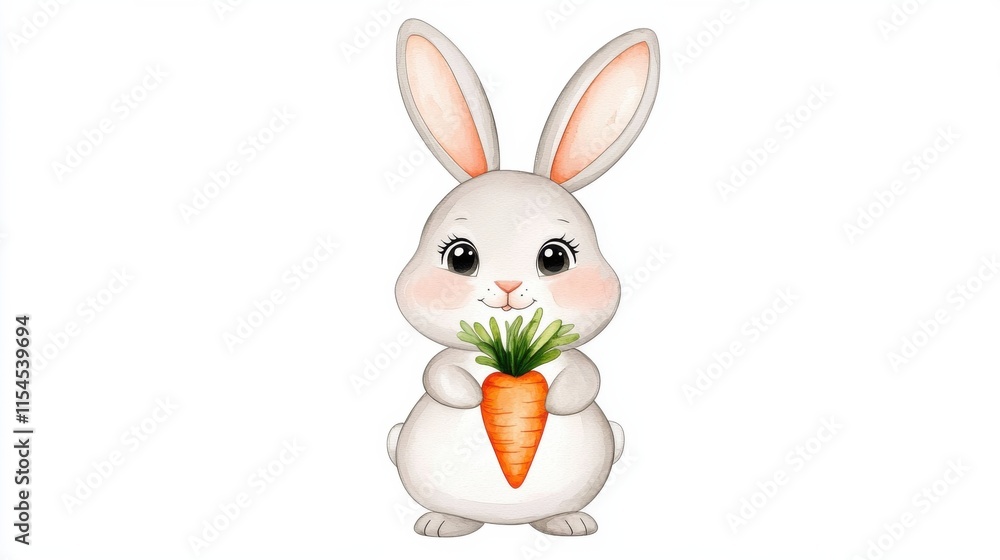 Fototapeta premium Adorable Cartoon Rabbit Holding a Carrot in a Lush Spring Garden