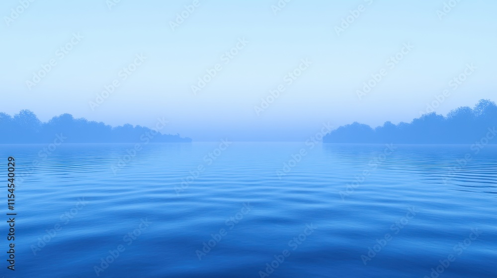 Fototapeta premium Serene Blue Mist Over Calm Water at Dawn with Gentle Ripples and Reflection