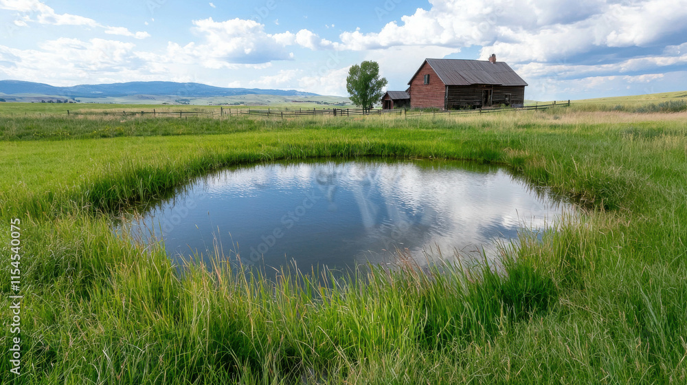 Rustic Farmhouse with Red Barn Beside a Serene Pond Overlooking Scenic Landscape Rustic Farmhouse with Red Barn Beside a Serene Pond Overlooking Scenic Landscape