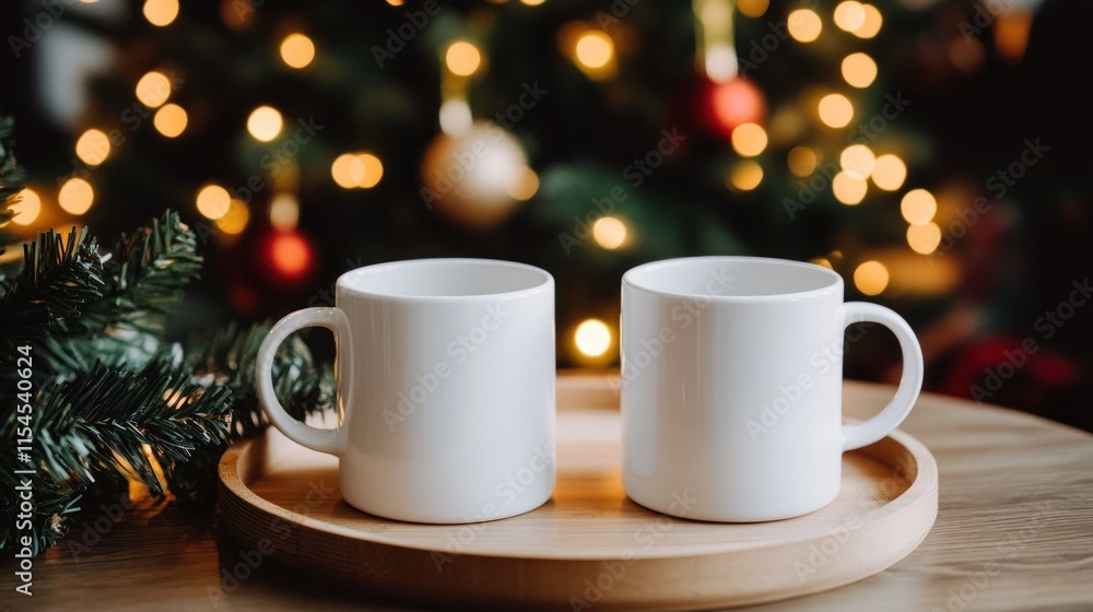 Two white mugs on wooden tray, Christmas lights background. Two white mugs on wooden tray, Christmas lights background.