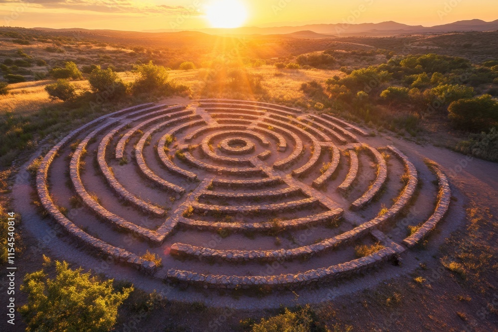 Walking meditation labyrinth from above, drone perspective, golden hour lighting Walking meditation labyrinth from above, drone perspective, golden hour lighting