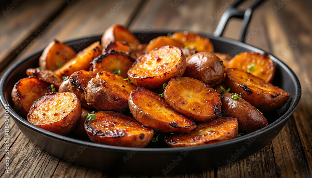 Rustic Skillet Roasted Sweet Potatoes on Wooden Surface in Warm Lighting Rustic Skillet Roasted Sweet Potatoes on Wooden Surface in Warm Lighting
