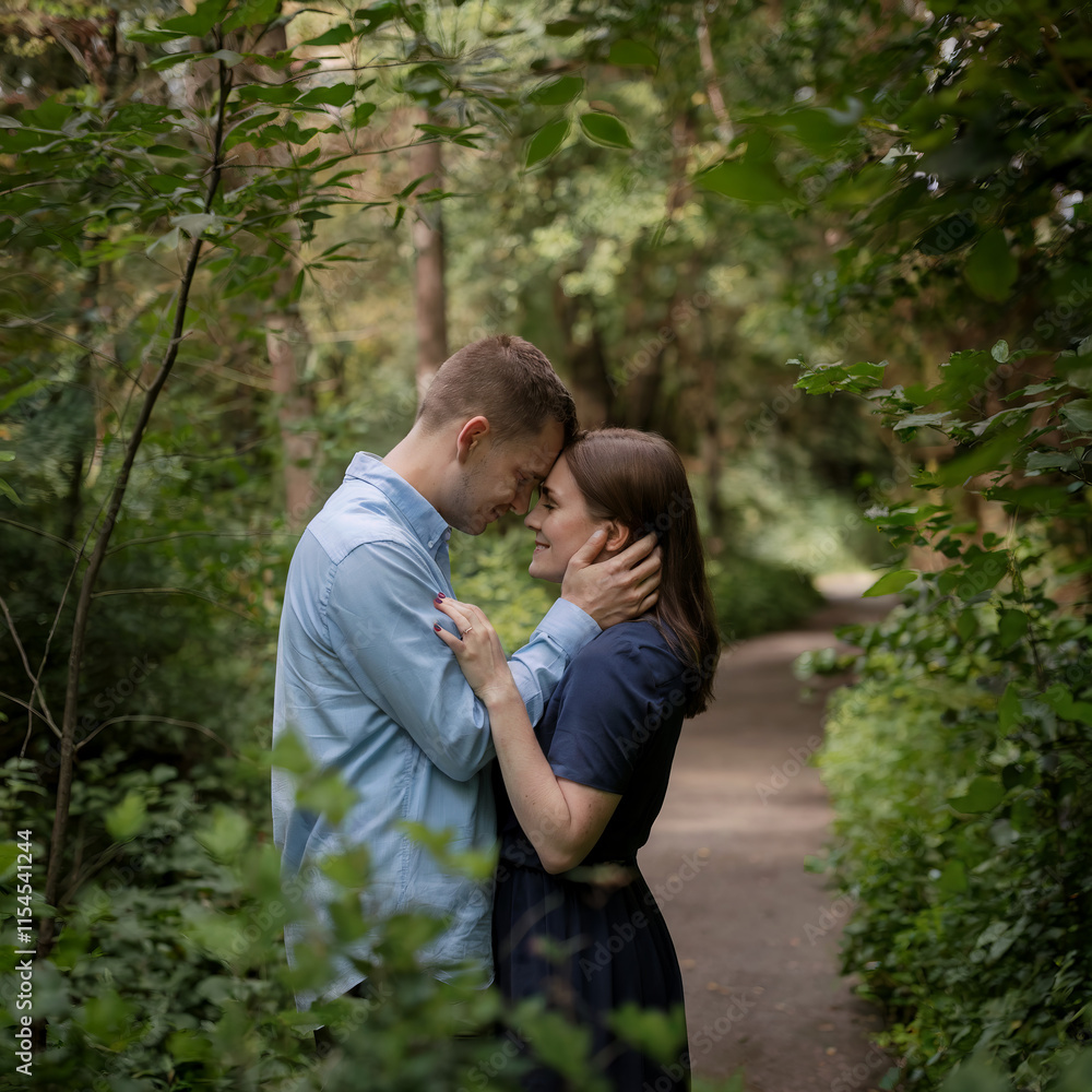 Romantic Couple Embracing on a Scenic Forest Path Surrounded by Lush Greenery Romantic Couple Embracing on a Scenic Forest Path Surrounded by Lush Greenery